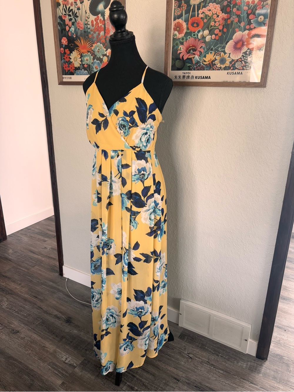 Active USA Yellow Maxi Dress with Blue Floral Print